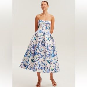 Kentucky Derby ready Milla Corset Midi Strapless Dress in Lavender Birds sz 6